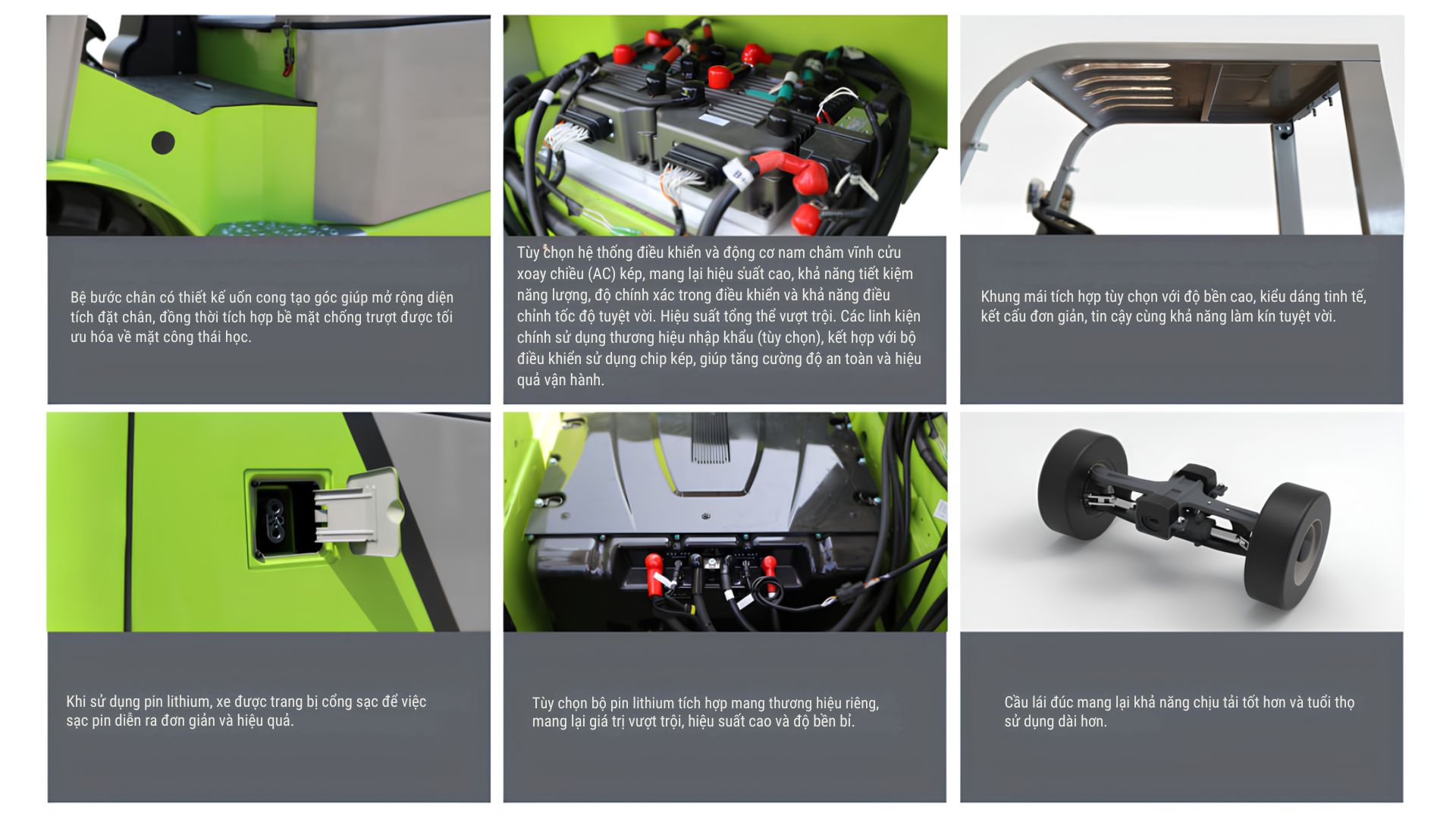 Chi tiết kết cấu động cơ khung gầm và cổng sạc xe nâng điện lithium 3 tấn Zoomlion FB35H
